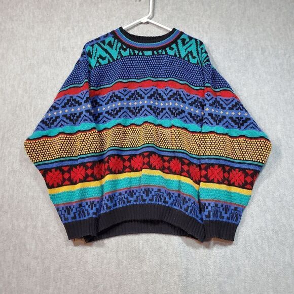 Eleven Paris Sweater Mens XL Black Geo Print Pan Wool Coogi Style Pullover Vtg - Picture 1 of 7